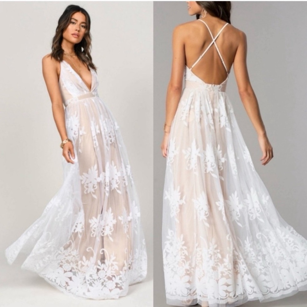 White Floral Lace Maxi Dress Open Back V Neck Bridal Shower Size M